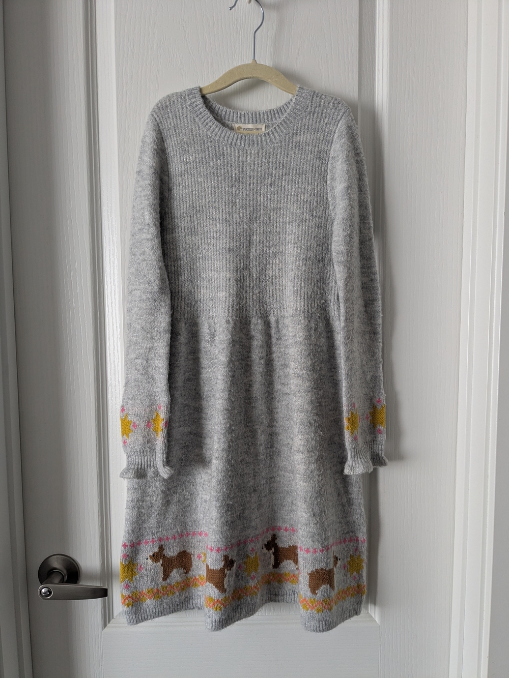 Girls Tucker + Tate Grey Sweater Dress with Corgi Intarsia Detail